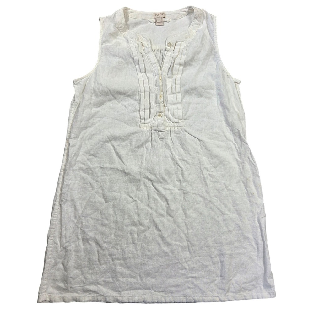 J.Crew Womens White 100% Linen Pintuck Henley Sleeveless Tunic Top Size S Resort